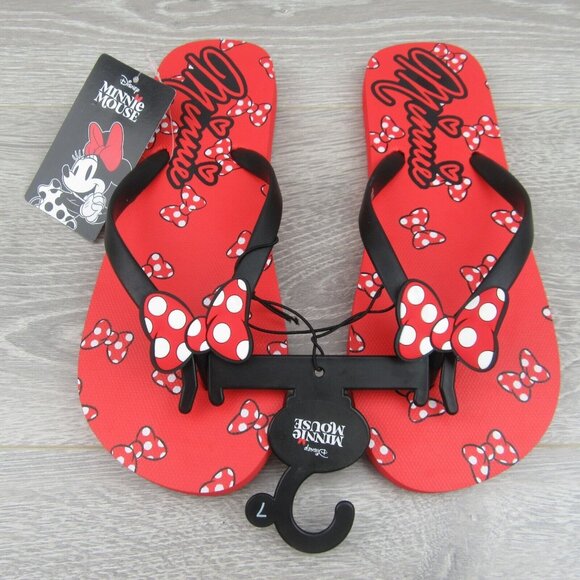 Disney Minnie Mouse Sandals Flip Flops Red White Polka Bow Tie Womens Size 7 NEW - Picture 2 of 11
